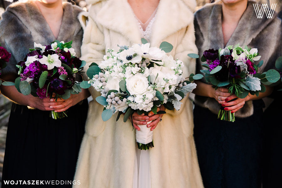 Bride with her Bridesmaids at Winter Wedding with Floral Bouquets